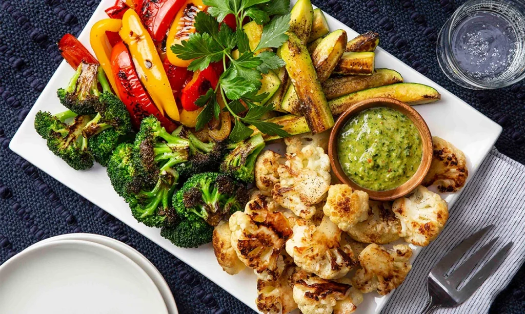 keto roasted vegetable platter with italian salsa verde
